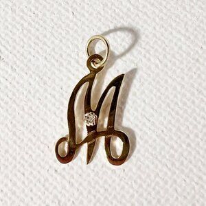 14k SOLID GOLD - M Pendant w/tiny diamond